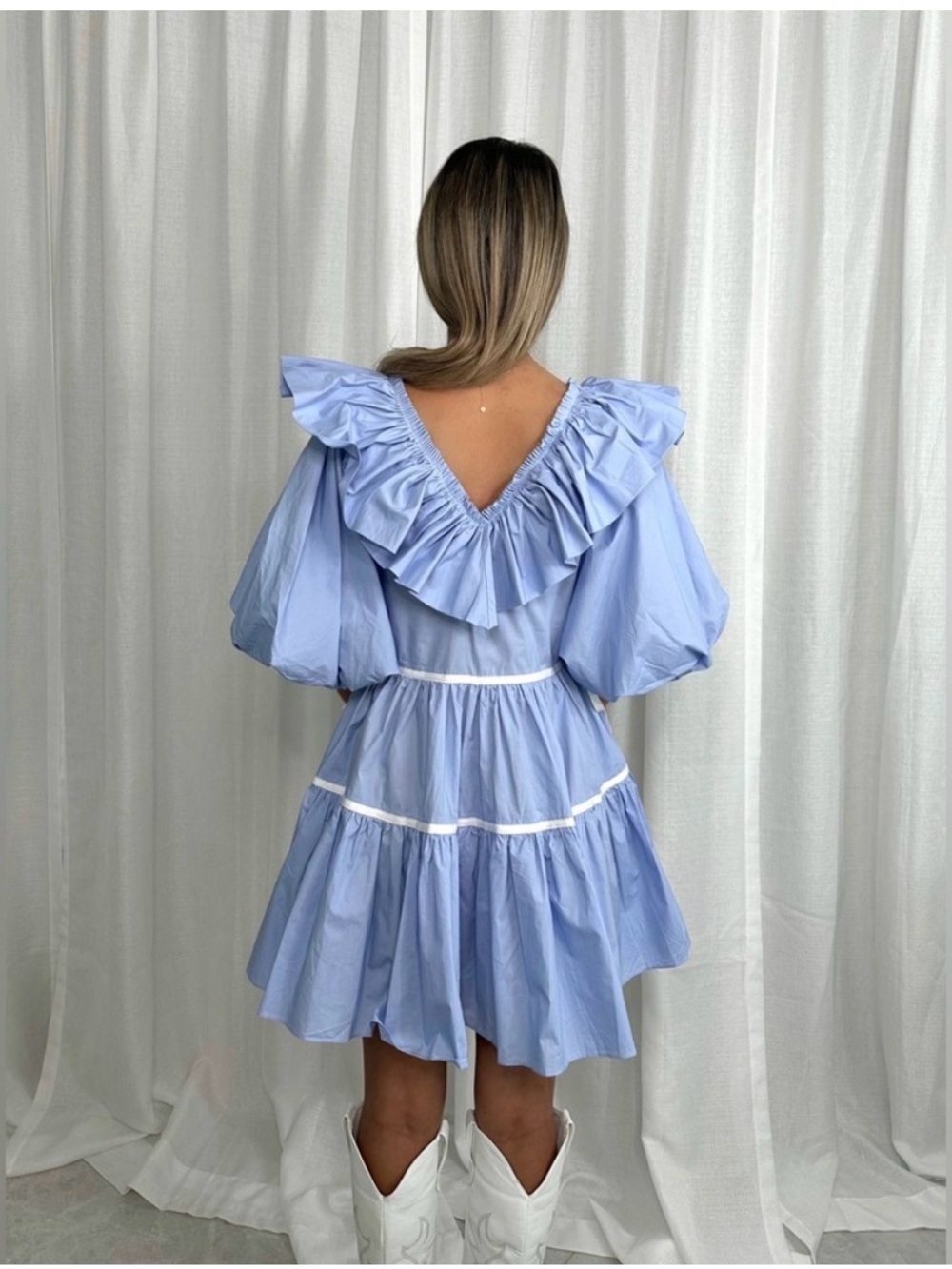 Ruffle V-Neck Sofie The Label Dress in Light Blue with white trim. Like new - Picture 2 of 5